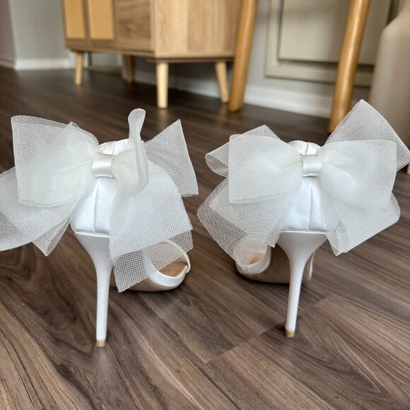 Lulus Ayanna Ivory Satin Bow Ankle Strap High Heel Sandals Size 5 - Picture 4 of 10